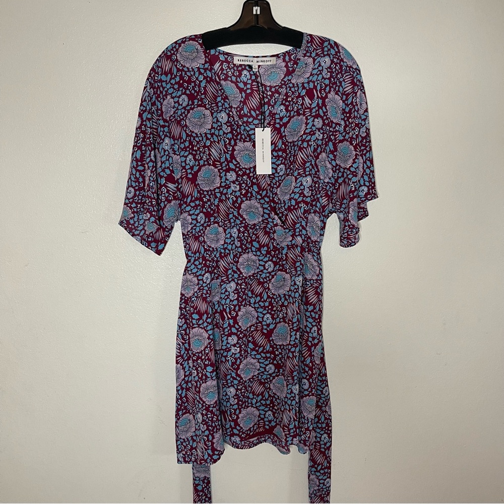 Rebecca Minkoff Burgundy Blue Floral Wrap Mini Dress Short Sleeve NWT